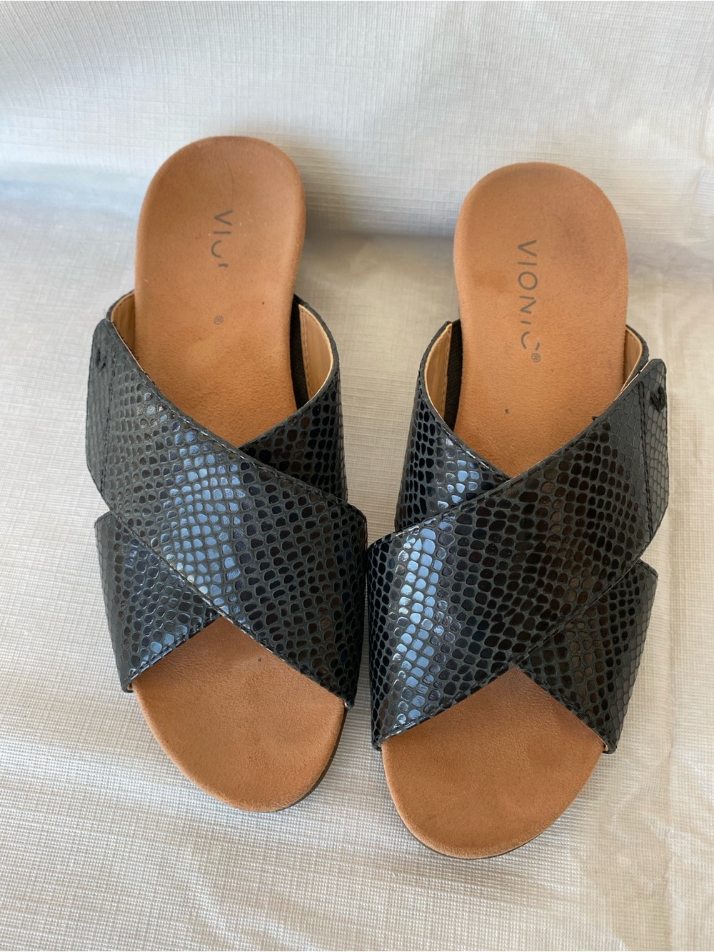 Vionic Black Snake-Print Slip-on Sandals, Size 7